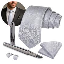 Kit Gravata Seda Prata E Caneta Tinteiro Executiva Cromada