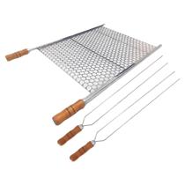 Kit Grelha 50x72 com 2 Espetos Duplo Aço Inox Churrasco