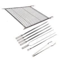 Kit Grelha Inox 50x60 E 6 Espetos E Pegador Carnes Churrasco