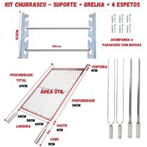 Kit Grelha Inox 70x40cm + 4 Espetos + Suporte Churrasqueira