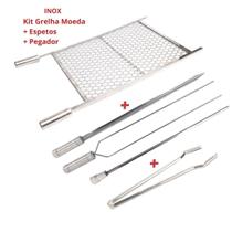 Kit Grelha Inox 70x50 E 3 Espetos 70cm E Pegador Carnes Inox