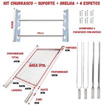 Kit Grelha Inox 70x60cm + 4 Espetos + Suporte Churrasqueira