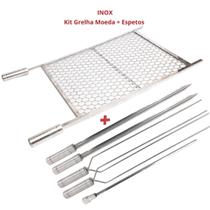 Kit Grelha Moeda 70x40 Inox + 5 Espetos Espada Duplo Coração