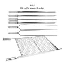 Kit Grelha Moeda 70x50 + 6 Espetos Espada E Duplo Churrasco