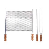 Kit Grelha Moeda Inox 40x36 Para Churrasco Cabo Madeira com Kit Grelha Moeda Inox 40x36 Para Churrasco Cabo Madeira com
