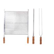 Kit Grelha Moeda Inox 40x48 + 2 Espetos 60cm Cabo Madeira
