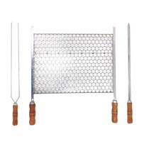 Kit Grelha Moeda Inox 50x36 Para Churrasco Cabo Madeira com