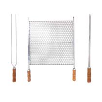 Kit Grelha Moeda Inox 50x48 + 2 Espetos 60cm Cabo Madeira