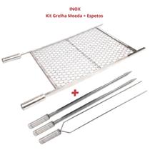 Kit Grelha Moeda Inox 70x60cm Mais 3 Espetos Para Churrasco