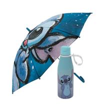 Kit Guarda Chuva Automático Stitch Disney e Garrafa Squeeze 530ml Premium