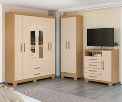 Kit Guarda Roupa 6 Portas 2 Gavetas com Espelho, Cômoda Sapateira 1 Portas 4 Gavetas e Armário Multiuso 2 Portas Off White Clique Chique