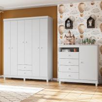 Kit Guarda Roupa 6 Portas Infantil com Comoda Sapateira 1 Porta 4 Gavetas Baby Kids Branco Flex para Quarto