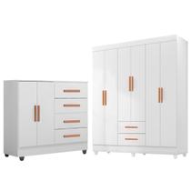 Kit Guarda-Roupa Casal 6 Portas com Cômoda 2 Portas 4 Gavetas Lisa Branco