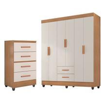 Kit Guarda-Roupa Casal 6 Portas com Cômoda 4 Gavetas Lisa Nature/Off White