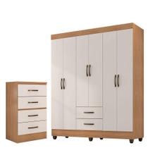 Kit Guarda-roupa Casal 6 Portas Com Cômoda 4 Gavetas Lisa Nature/off White