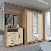 Kit Guarda Roupa Casal Dallas 3 Portas 2 Gavetas com Espelho e Cômoda Aspen 1 Porta 4 Gavetas I01 - Clique Chique Móveis