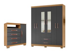 Kit Guarda Roupa Casal Modena 6 Portas 2 Gavetas com Espelho e Cômoda Sapateira 1 Porta 4 Gavetas Carvalho Grafite - Combo Stock Kit Guarda Roupa Casal Modena 6 Portas 2 Gavetas com Espelho e Cômoda Sapateira 1 Porta 4 Gavetas Carvalho Grafite - Combo Stock