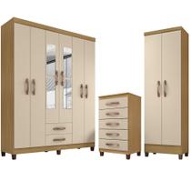 Kit Guarda Roupa Casal Porto Belo 6 Portas 2 Gavetas Com Espelho, Cômoda 5 Gavetas Porto Belo e Multiuso Cairo I01 Carvalho Off White Clique Chique