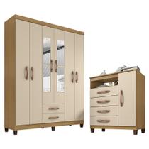 Kit Guarda Roupa Casal Porto Belo 6 Portas 2 Gavetas com Espelho e Cômoda Sapateira 1 Porta 4 Gavetas I01 Carvalho Off White Clique Chique