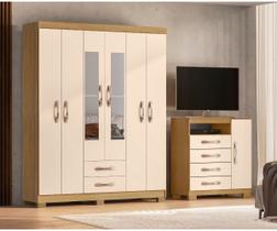 Kit Guarda Roupa Casal Porto Belo 6 Portas 2 Gavetas com Espelho e Cômoda Sapateira 1 Porta 4 Gavetas I01 Carvalho Off White Clique Chique Kit Guarda Roupa Casal Porto Belo 6 Portas 2 Gavetas com Espelho e Cômoda Sapateira 1 Porta 4 Gavetas I01 Carvalho Off White Clique Chique