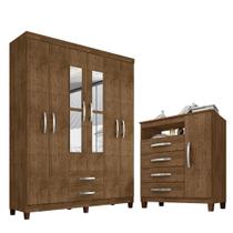 Kit Guarda Roupa Casal Porto Belo 6 Portas 2 Gavetas com Espelho e Cômoda Sapateira Porto Belo 1 Porta 4 Gavetas Malbec Clique Chique