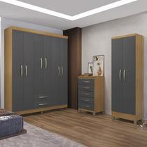 Kit Guarda Roupa Casal Porto Belo 6 Portas 2 Gavetas, Cômoda 5 Gavetas Porto Belo e Multiuso Cairo I01 Carvalho Grafite Clique Chique