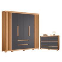 Kit Guarda Roupa Doble 6 Portas Cômoda Duetto 10 Gavetas MDP Titânio