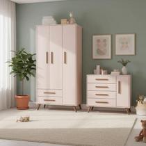 Kit Guarda Roupa E Cômoda Para Quarto Infanto Juvenil Rosa - Móveis Leartam