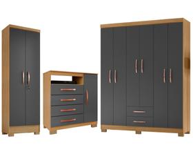 Kit Guarda Roupa Modena 6 Portas 2 Gavetas com Cômoda Sapateira 1 Porta 4 Gavetas e Armário Multiuso 2 Portas Egito Carvalho Grafite - Combo Stock