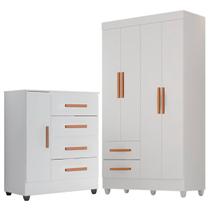 Kit Guarda-Roupa Solteiro 4 Portas com Cômoda Sapateira Lisa Branco