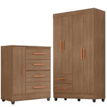 Kit Guarda-Roupa Solteiro 4 Portas com Cômoda Sapateira Lisa Carvalho Oak Kit Guarda-Roupa Solteiro 4 Portas com Cômoda Sapateira Lisa Carvalho Oak