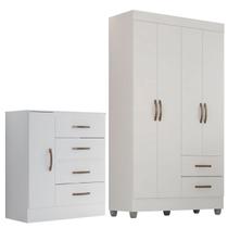 Kit Guarda-Roupa Solteiro 4 Portas com Cômoda Sapateira Lisa