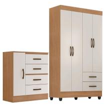 Kit Guarda-roupa Solteiro 4 Portas Com Cômoda Sapateira Lisa Nature/off White