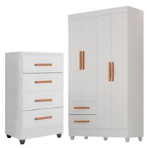 Kit Guarda-Roupa Solteiro 4 Portas e Cômoda 4 Gavetas Lisa Branco