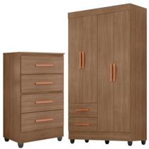 Kit Guarda-Roupa Solteiro 4 Portas e Cômoda 4 Gavetas Lisa Carvalho Oak