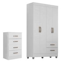 Kit Guarda-Roupa Solteiro 4 Portas e Cômoda 4 Gavetas Lisa