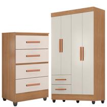 Kit Guarda-Roupa Solteiro 4 Portas e Cômoda 4 Gavetas Lisa Nature/Off White