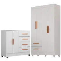 Kit Guarda-Roupa Solteiro 4 Portas e Cômoda Sapateira 2 Portas Lisa Branco