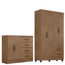 Kit Guarda-roupa Solteiro 4 Portas E Cômoda Sapateira 2 Portas Lisa Carvalho Oak