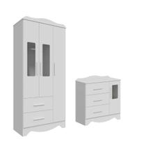 Kit Guarda Roupas 3 Portas e Cômoda Moveis Peroba Clara MDF Branco
