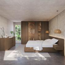 Kit Guarda Roupas 7 Portas, Cama Casal/Queen com LED e Cômoda Seringal CabeCasa MadeiraOriginals