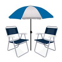 Kit Guarda Sol 1,8m Fashion 2 Cadeira Master Azul Aço Dobrável Praia Camping Piscina - Mor