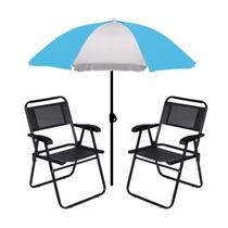 Kit Guarda Sol 1,8m Fashion 2 Cadeira Master Preto Aço Dobrável Praia Camping Piscina - Mor