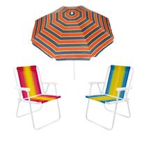 Kit Guarda Sol 1,8m Ipanema 2 Cadeira Alta Dobrável Listrada Aço Camping Praia Piscina Jardim - Tobee