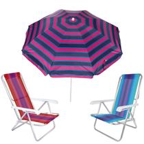 Kit Guarda Sol 1,8m Ipanema Pink 2 Cadeira 8 Posições Alumínio Praia Piscina Camping - Tobee