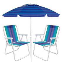 Kit Guarda-sol 2 M Aluminio Azul + 2 Cadeiras Aluminio 1 Posicao Pesca / Praia Mor
