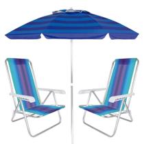 Kit Guarda-sol 2 M Aluminio Azul + 2 Cadeiras Aluminio 4 Posicoes Pesca / Praia Mor