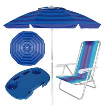 Kit Guarda-sol 2 M Azul + Mesa Portatil + 1 Cadeira 4 Posicoes Pesca / Praia Mor