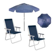Kit Guarda Sol 2 Mts + 2 Cadeiras de Praia Alta Aluminio Sannet Azul