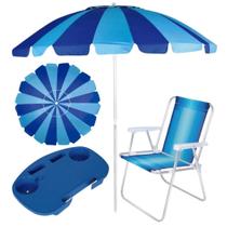 Kit Guarda-sol 2,20 M Aluminio Azul + Mesa Portatil + 1 Cadeira Pesca / Praia Mor